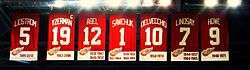 The banners of seven retired numbers. The banners, from left to right, read "Lidstrom 5" "Yzerman 19" "Sawchuk 1" "Delvecchio 10" "Lindsay 7" "Abel 12" "Howe 9". The Yzerman banner has a small "C" at the top right corner.