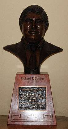 The bust of Richard Castro on display in the Colorado State Capitol Building. The work is by artist Emanuel Martínez.