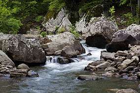 Water flows through a creekbeed filled with boulders