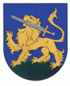 A coat of arms depicting a golden lion holding a silver-bladed sword in its mouth with a golden hilt and standing on green turf all on a blue background