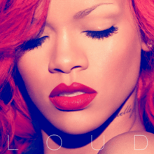 A close up of a woman's face with long wavy red hair, both of her eyes are closed and she is wearing bright red lipstick. Towards the bottom of the picture is the word "LOUD" written in a white font.