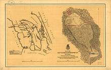The image is in two parts. On the left, banana-shaped Roanoke Island lies between Croatan Sound to the west and Roanoke Sound to the east. Albemarle Sound to the north and Pamlico Sound to the south are not identified. A portion of Bodie Island (of the Outer Banks) is east and the mainland is west of the island. Positions of the Confederate forts and approximate positions of the Navy gunboats, Army transports, and Confederate Mosquito Fleet during the landings and naval phase of the battle are shown. On the left, a larger-scale map of the middle of the island shows the infantry and artillery dispositions where they met on 8 February 1862.