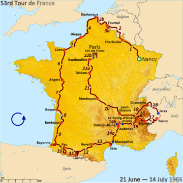 Map of France with the route of the 1966 Tour de France