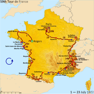 Map of France with the route of the 1972 Tour de France