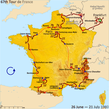 Map of France with the route of the 1980 Tour de France