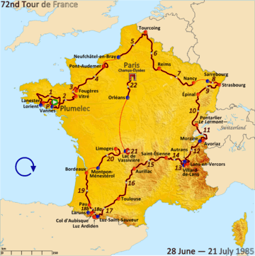 Map of France with the route of the 1985 Tour de France