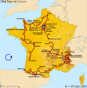 Map of France with the route of the 1986 Tour de France