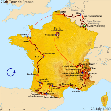 Map of France with the route of the 1989 Tour de France