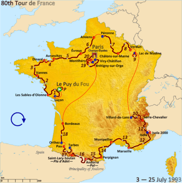 Map of France with the route of the 1993 Tour de France
