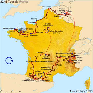 Map of France with the route of the 1995 Tour de France