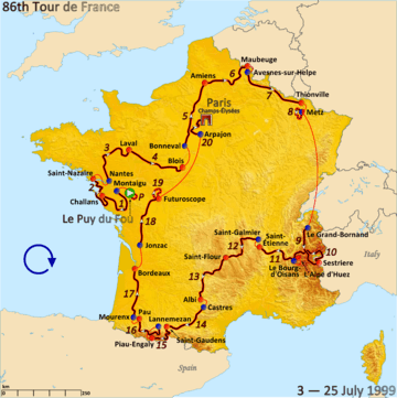 Map of France with the route of the 1999 Tour de France