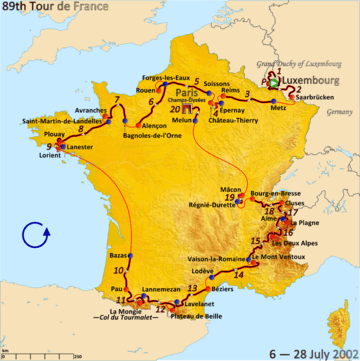 Map of France with the route of the 2002 Tour de France