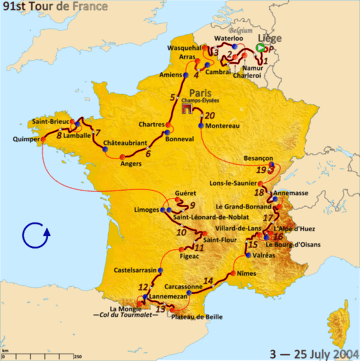 Map of France with the route of the 2004 Tour de France