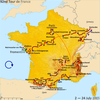 Map of France with the route of the 2005 Tour de France