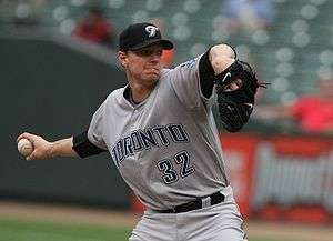 A man in a gray baseball jersey and black baseball cap throws a baseball with his right hand. His jersey reads "Toronto" and "34" on the front in black block lettering outlined in blue, and he has a black baseball glove on his left hand.