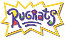 The word "Rugrats" and two small underlines in dark blue written in a child's handwriting, with red, yellow, and green dots, a white background, and a jagged yellow border.