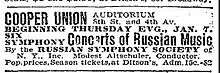 Newspaper clipping giving the venue as "Cooper Union Auditorium 8th St. and 4th Av."