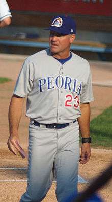 Ryne Sandberg, as the manager for the Peoria Chiefs, walks across the baseball field near home plate