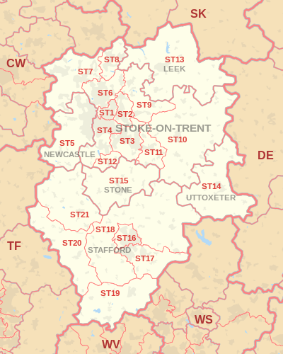 ST postcode area map, showing postcode districts, post towns and neighbouring postcode areas.
