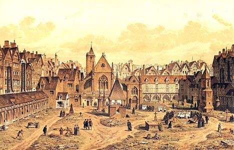 An engraving by Theodor Josef Hubert Hoffbauer of the Saints Innocents Cemetery and its church. The image shows the Rue Saint-Denis on the left, the church at the rear and the graveyard in the foreground. A burial is taking place.