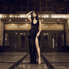 An image of Selena Gomez in a black dress posing in front of a theater entrance.
