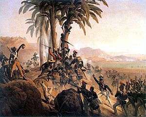 painting of a war scene in a tropical scenery