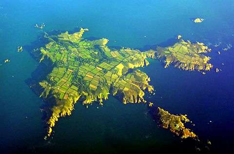 Aerial view of Sark.North is to the lower left, Little Sark toward the upper right and Brecqhou at bottom right.