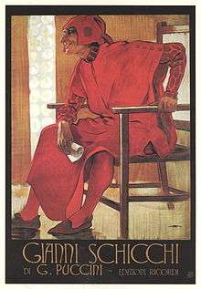 Against a yellow background, a jovial man, dressed all in red medieval clothing and holding a small scroll, sits in a large basic wooden chair. Underneath, in poster-style lettering, is "Gianni Schicchi", and below are the words "G. Puccini" and "Edizioni Ricordi"