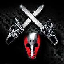The background is a dimly-lit, black diamond plate. On it, a black and red hockey mask, under two crossed chainsaws is depicted.