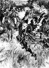 A black-and-white sketch depicting a Southern African battle fought amid long grass in a thick wood. The image focuses on two figures in the foreground: a white soldier on horseback (on the left) and a black warrior on foot (on the right). The white man has apparently just fired his rifle at the warrior, who is thrown back in his stride by the shot, his spear falling from his right hand. More soldiers and warriors can be seen in the background.