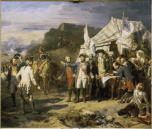 This scene precedes taking the city of Yorktown. Generals gathered in front of their tent decorated with French and American flags to give instructions to lead to victory. This table shows Rochambeau accompanied Washington on the left, giving orders; Lafayette, bareheaded, appears behind