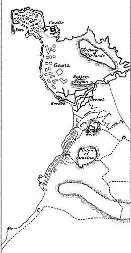 Black ink on white paper map of the siege of Gaeta