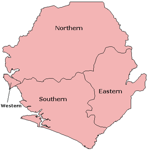 A clickable map of Sierra Leone exhibiting its three provinces and Western Area.