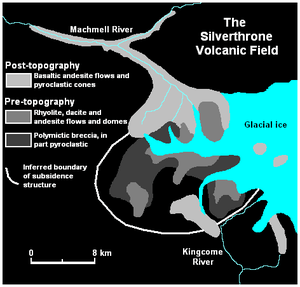 Map of glacial ice, rivers and volcanic deposits in an area of volcanic activity.