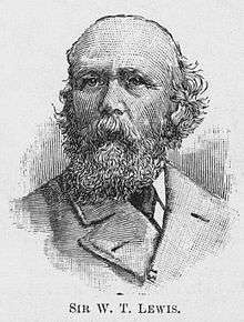 A black and white engraving of the bust of Sir William Lewis; he is shown looking to the left of the viewer. His hair has receded to the top of his head, but is slightly bushy at the sides; he has a full beard and wears a wide-lapelled jacket and tie.