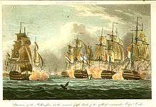 Coloured print of a naval battle between sailing ships. Four ships seen stern on in the right of the picture, obscured by clouds of smoke, a fifth ship seen bow on in the left.