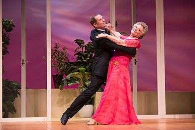 Todd McKenney and Nancye Hayes while dancing the waltz in a performance of the play Six Dance Lessons in Six Weeks