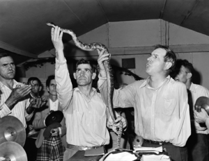 A crowd of men and women holding cymbals surround two men in white shirts who are lifting a large snake