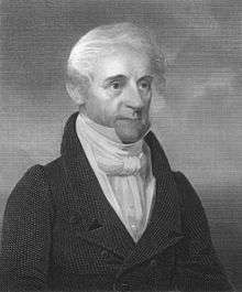 A black-and-white engraving of a clean-shaven man with white hair, a ruffled shirt and formal coat