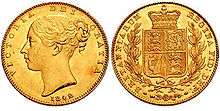 Two 1842 gold sovereigns side by side, one displaying its obverse face, the other showing the reverse