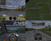 A screenshot divided into four regions, showing different views of the start of a race.