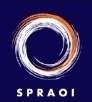 "A circular paintbrush swirl of the colours orange and white on a blue background underwritten with the word Spraoi in block capital letters."
