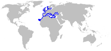 World map with blue outlines on the coastlines of southern Scandinavia, northern Europe, the British Isles, the Iberian Peninsula, the Mediterranean, and northwest Africa as far as the Canary Isles