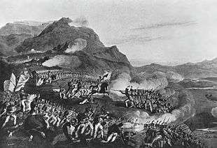 Print showing French forces climbing the Bussaco Ridge on the right side while British troops fire on them from the left side