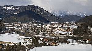 Sankt Michael in Obersteiermark as viewed from the south in winter