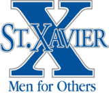 The school logo featuring the school name against a large, blue letter X, with the motto "Men for Others" beneath
