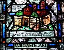 A multicoloured stained glass window, depicting a castle surrounded by fields of sheep. It is captioned with poetry by William Blake.