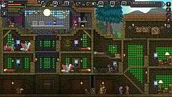 A player character and two non-playable characters rest inside a timber house.