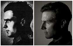 Collage of two photos that each show a man's profile. The left profile is a dated photo of a man with the visible collar of his army uniform, and the right profile is a modern photo of a man.