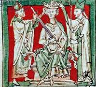 White on red Medieval drawing shows a king being crowned by two archbishops.